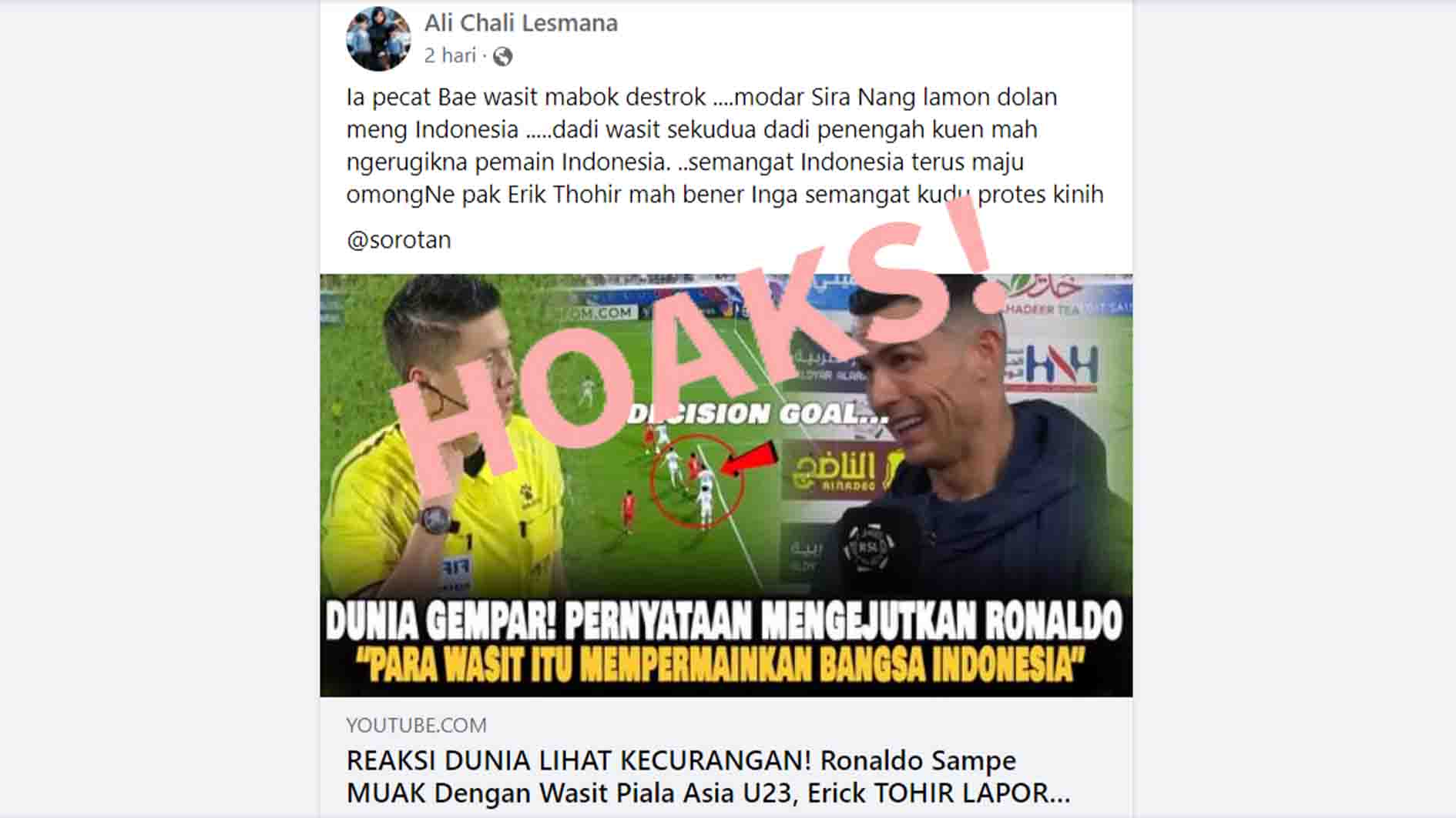 CEK FAKTA: Ronaldo Kritik Wasit di Laga Indonesia vs Uzbekistan