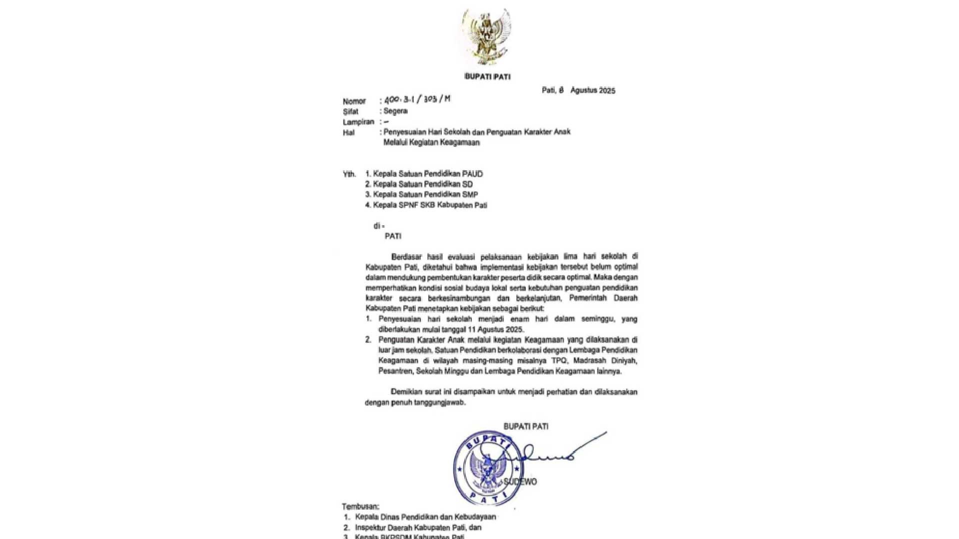 BREAKING NEWS: Kebijakan Lima Hari Sekolah di Pati Dibatalkan
